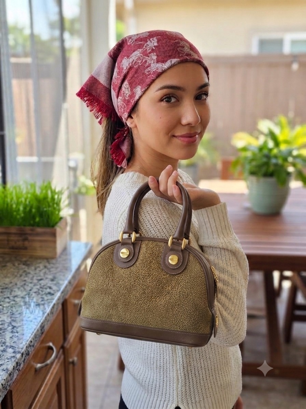 Vintage Borbonese Italy Brown Leather Satchel Dome Bag Gold Screw Hardware
